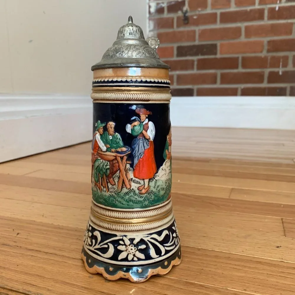Vintage German Beer Stein Handgemalt with Pewter Lid